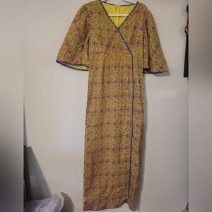 Geometric Patterned Yellow Wrap Dress